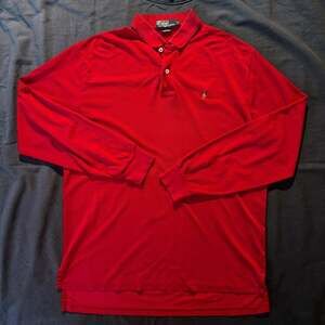 Vintage 90s Polo Ralph Lauren Red Long Sleeve Polo Shirt Large Pima Cotton
